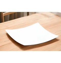 white square bone china platter on a wooden table