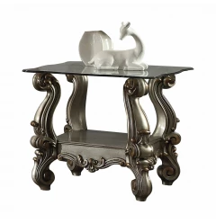 26" Platinum And Clear Glass And Solid Wood Square End Table With Shelf