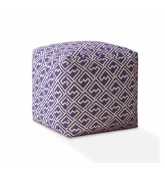 17" Purple and White Cotton Damask Pouf Ottoman