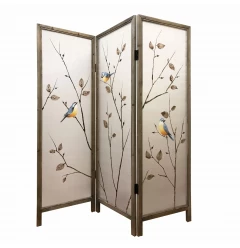 63" Brown Fabric and Wood Folding Three Panel Screen Room Divider