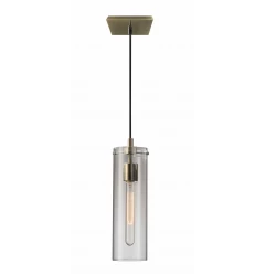 Clear Glass Cylinder Shade With Vintage Filament Bulb Antique Brass Metal Pendant
