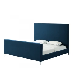 Denim Blue Solid Wood King Upholstered Linen Bed