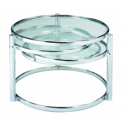 60" Clear And Silver Glass And Steel Round Nested Coffee Tables With Three Shelves