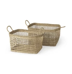 brown wicker storage baskets with handles for organizing and laundry