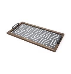 metal glass maze like pattern tray with rectangle wood triangle font electric blue flooring