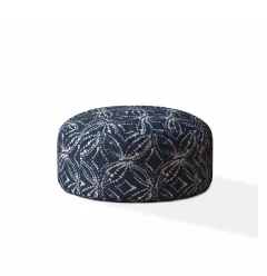24" Blue and White Canvas Round Damask Pouf Ottoman