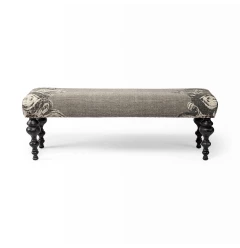 55" Gray and Black Upholstered Cotton Blend Floral Distressed Bench