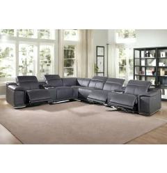 Gray Italian Leather Power Reclining U Shaped Eight Piece Corner Sectional With Console