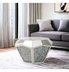 28" Clear And Silver Glass Round Mirrored Coffee Table