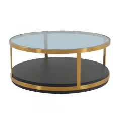 43" Clear Black And Gold Glass Wood And Metal Round Coffee Table With Shelf