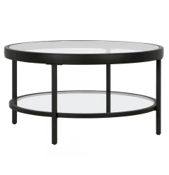 32" Clear And Black Glass And Steel Round Coffee Table With Shelf