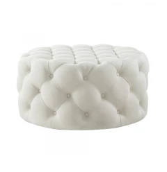 33" White Linen And Black Rolling Tufted Round Cocktail Ottoman