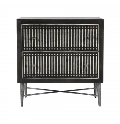 Antique brown drawer nightstand with metal accents and composite materials in an outdoor setting