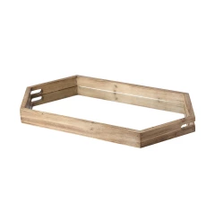 polished wood mirror glass lined tray with hardwood and metal elements