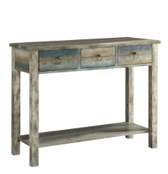 42" X 16" X 32" Antique White And Teal Wooden Console Table