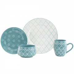 Turquoise Sixteen Piece Round Trellis Ceramic Service For Four Dinnerware Set