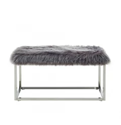 40" Gray And Silver Upholstered Faux Fur Bench