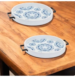 round solid wood vanity tray with handles and tableware including coffee cup and teacup