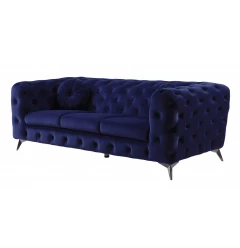 Blue silver velvet sofa with comfortable rectangular studio couch design and electric blue accents