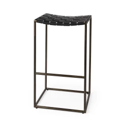 35" Brown And Black Leather And Iron Backless Counter Height Bar Chair
