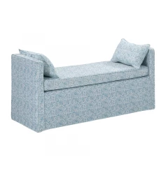 53" Blue And Black Upholstered Linen Floral Bench