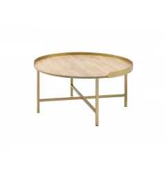 34" Gold And Oak Manufactured Wood And Metal Round Coffee Table