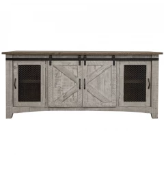 79" Gray Solid Wood Cabinet Enclosed Storage Distressed TV Stand