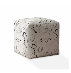 17" White and Gray Polyester Abstract Pouf Ottoman