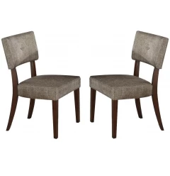 Gray fabric espresso side chair with wood armrests and comfortable rectangle design