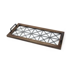 geometrically metal frame glass bottom tray with wood and metal elements