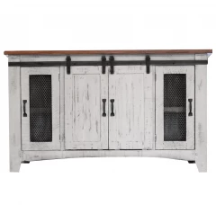 60" White Solid Wood Cabinet Enclosed Storage Distressed TV Stand