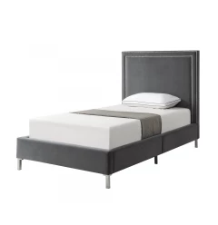 Gray Solid Wood Full Upholstered Velvet Bed with Nailhead Trim