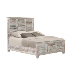 Distressed White and Multi Shutter Style Reclaimed Wood Queen Bed