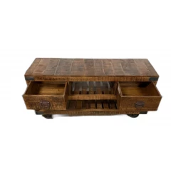 18" Brown and Black Solid Wood Distressed Wheel Console Table With Shelves And Drawers