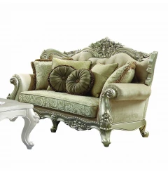 72" Green And Light Green Polyester Blend Damask Chesterfield Loveseat and Toss Pillows
