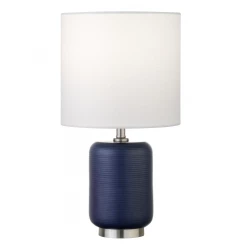 15" Blue and Silver Ceramic Cylinder Table Lamp With White Drum Shade