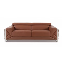 Camel silver Italian leather sofa with comfortable brown rectangle cushioning and sleek design