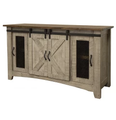 60" Gray Solid Wood Cabinet Enclosed Storage Distressed TV Stand