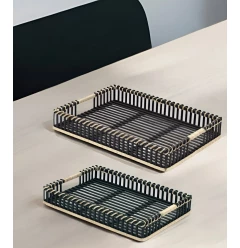 black solid wood tray with handles rectangular pattern