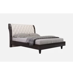 Solid Wood King Tufted Beige Upholstered Faux Leather Bed With Nailhead Trim