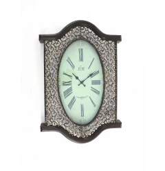 bronze wood glass analog wall clock with metal frame and quartz mechanism