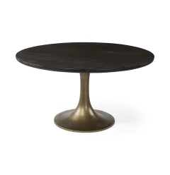 54" Black And Brass Rounded Solid Wood And Metal Pedestal Base Dining Table