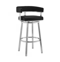 26" Black And Silver Faux Leather And Iron Swivel Low Back Counter Height Bar Chair