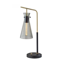 24" Black and Gold Metal Cylinder Desk Table Lamp With Gray Cone Shade
