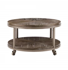 32" Brown Rustic and Distressed Round Two Tier Rolling Coffee Table
