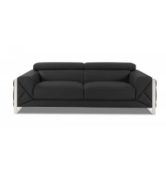 Gray silver Italian leather sofa with comfortable studio couch design and sleek rectangle shape