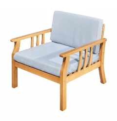 Wooden outdoor chair with aqua blue cushion for patio decor