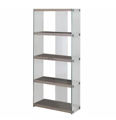 glass wood four tier etagere bookcase with shelves and metal frame
