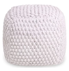 18" White Cotton Blend Pouf Ottoman