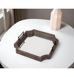 wood mirrored glass serving tray with handles on table